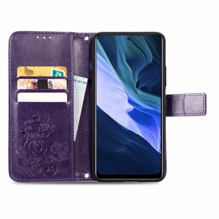 For Infinix Note 10 Four-leaf Clasp Embossed Buckle Mobile Phone Protection Leather Case with Lanyard & Card Slot & Wallet & Bracket Function