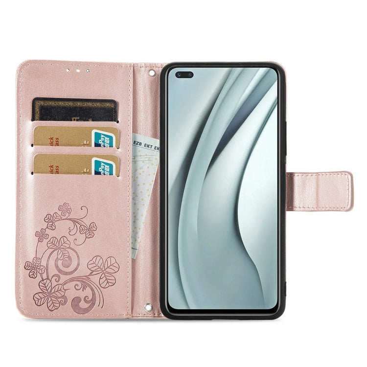 For Infinix Note 8 Four-leaf Clasp Embossed Buckle Mobile Phone Protection Leather Case with Lanyard & Card Slot & Wallet & Bracket Function