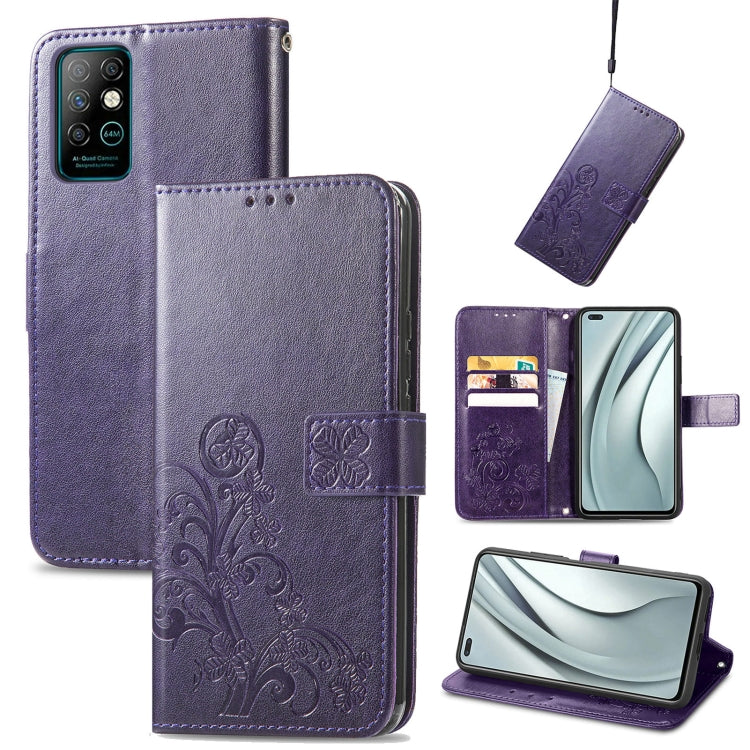 For Infinix Note 8 Four-leaf Clasp Embossed Buckle Mobile Phone Protection Leather Case with Lanyard & Card Slot & Wallet & Bracket Function