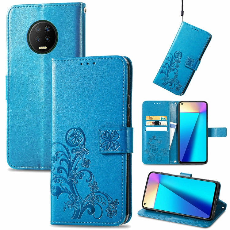 For Infinix Note 7 Four-leaf Clasp Embossed Buckle Mobile Phone Protection Leather Case with Lanyard & Card Slot & Wallet & Bracket Function