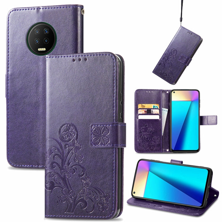 For Infinix Note 7 Four-leaf Clasp Embossed Buckle Mobile Phone Protection Leather Case with Lanyard & Card Slot & Wallet & Bracket Function