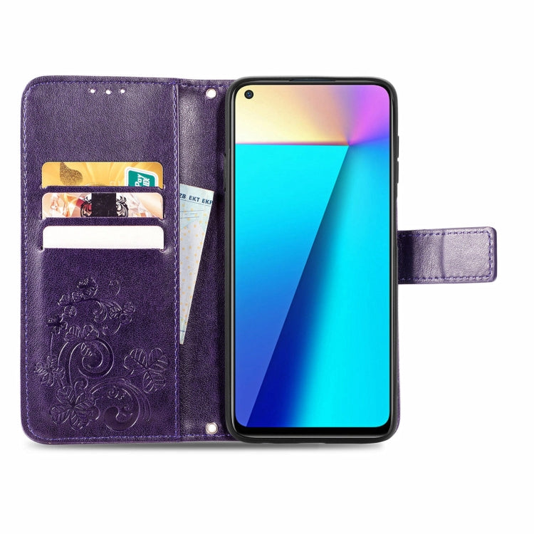 For Infinix Note 7 Four-leaf Clasp Embossed Buckle Mobile Phone Protection Leather Case with Lanyard & Card Slot & Wallet & Bracket Function