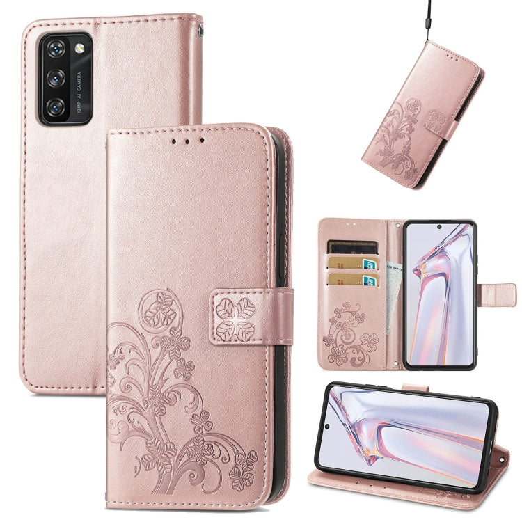 For Blackview A100 Four-leaf Clasp Embossed Buckle Mobile Phone Protection Leather Case with Lanyard & Card Slot & Wallet & Bracket Function