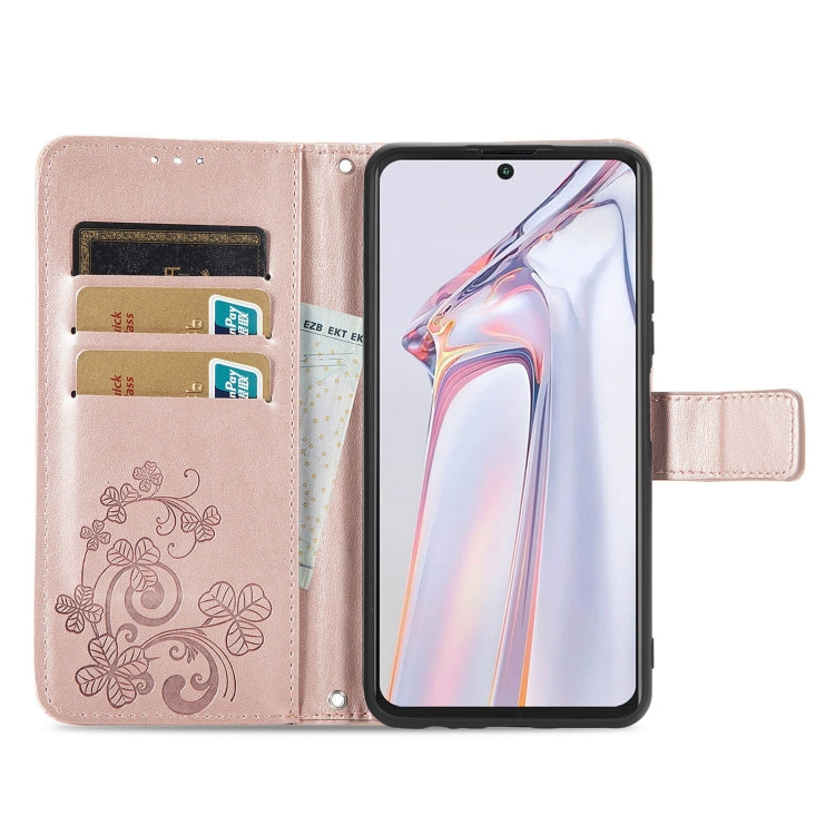For Blackview A100 Four-leaf Clasp Embossed Buckle Mobile Phone Protection Leather Case with Lanyard & Card Slot & Wallet & Bracket Function