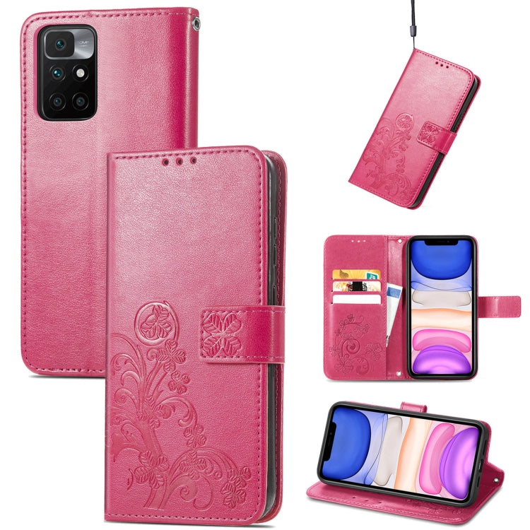 For Xiaomi Redmi 10 Four-leaf Clasp Embossed Buckle Mobile Phone Protection Leather Case with Lanyard & Card Slot & Wallet & Bracket Function