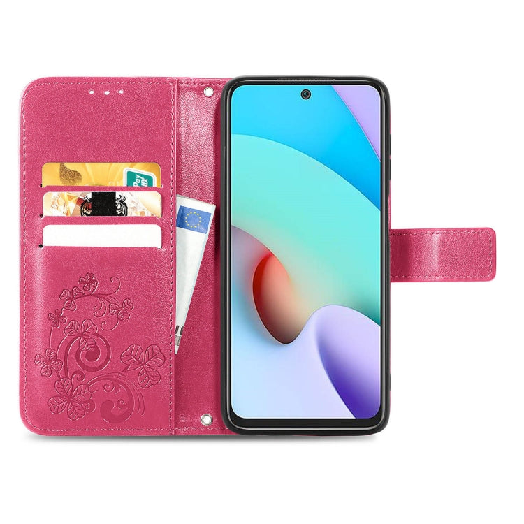 For Xiaomi Redmi 10 Four-leaf Clasp Embossed Buckle Mobile Phone Protection Leather Case with Lanyard & Card Slot & Wallet & Bracket Function