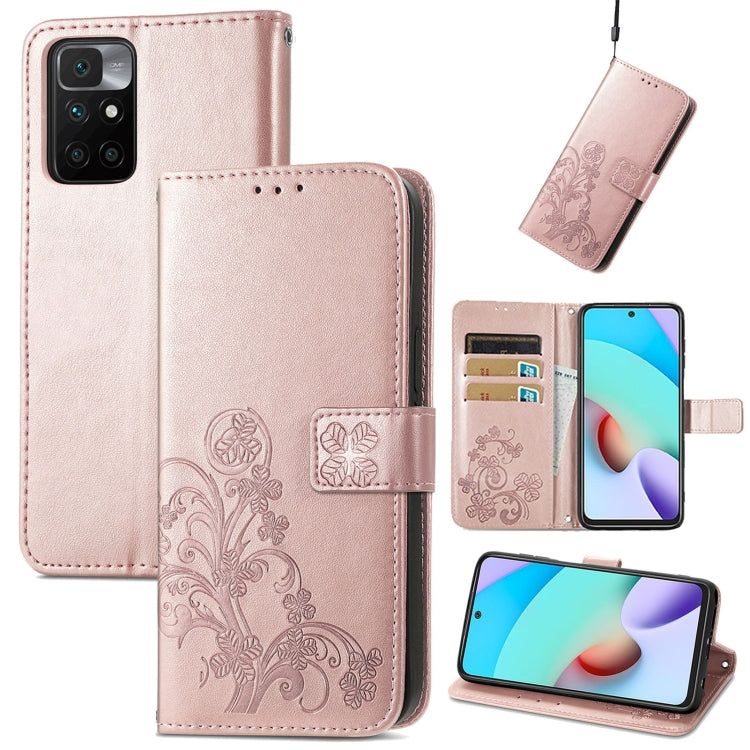 For Xiaomi Redmi 10 Four-leaf Clasp Embossed Buckle Mobile Phone Protection Leather Case with Lanyard & Card Slot & Wallet & Bracket Function