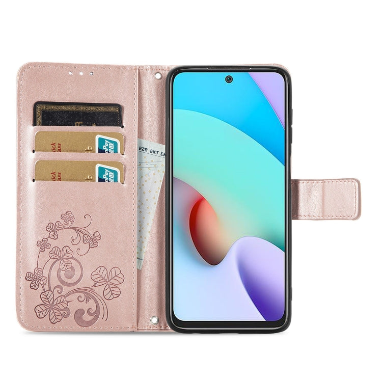 For Xiaomi Redmi 10 Four-leaf Clasp Embossed Buckle Mobile Phone Protection Leather Case with Lanyard & Card Slot & Wallet & Bracket Function