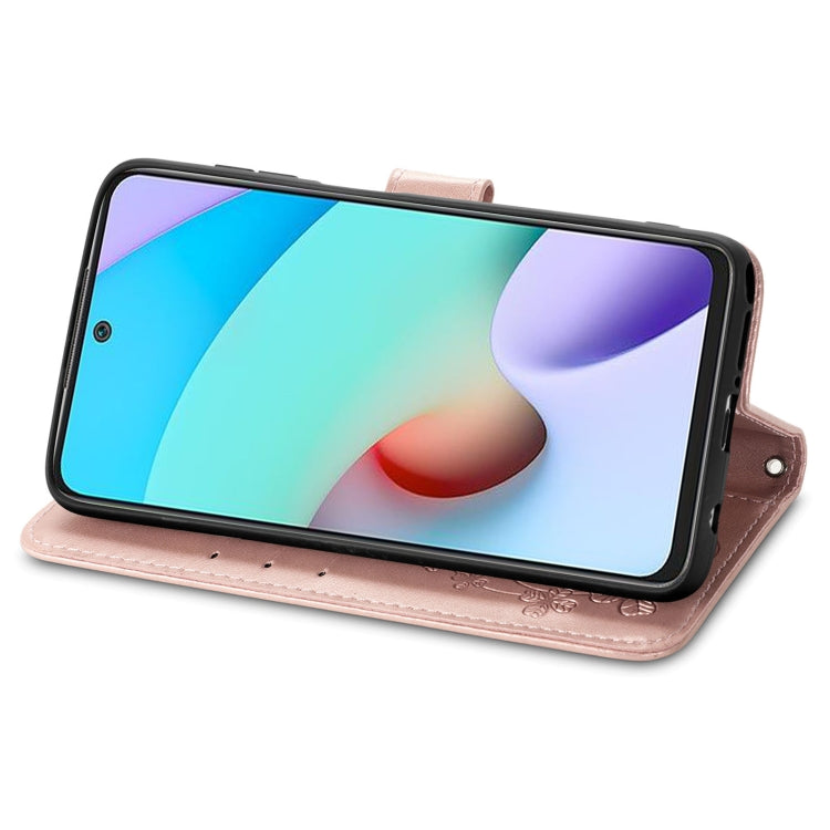 For Xiaomi Redmi 10 Four-leaf Clasp Embossed Buckle Mobile Phone Protection Leather Case with Lanyard & Card Slot & Wallet & Bracket Function