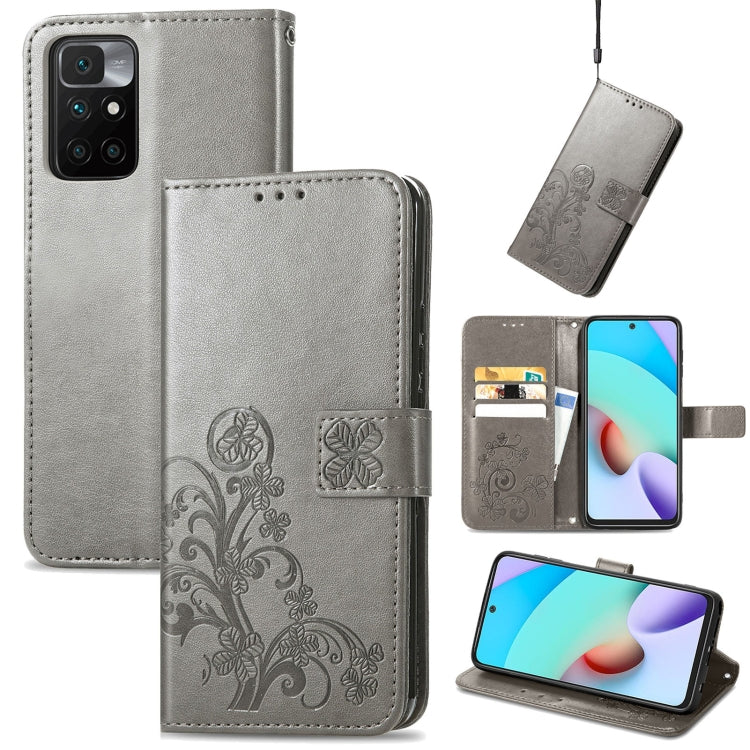 For Xiaomi Redmi 10 Four-leaf Clasp Embossed Buckle Mobile Phone Protection Leather Case with Lanyard & Card Slot & Wallet & Bracket Function