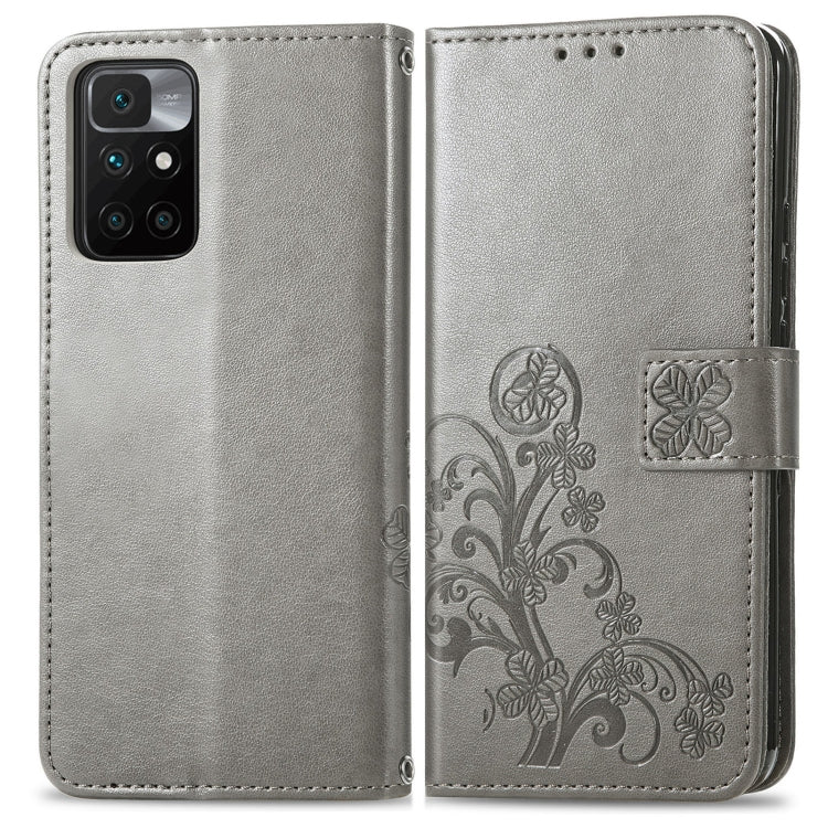 For Xiaomi Redmi 10 Four-leaf Clasp Embossed Buckle Mobile Phone Protection Leather Case with Lanyard & Card Slot & Wallet & Bracket Function