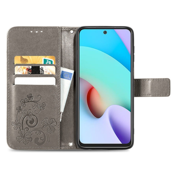 For Xiaomi Redmi 10 Four-leaf Clasp Embossed Buckle Mobile Phone Protection Leather Case with Lanyard & Card Slot & Wallet & Bracket Function
