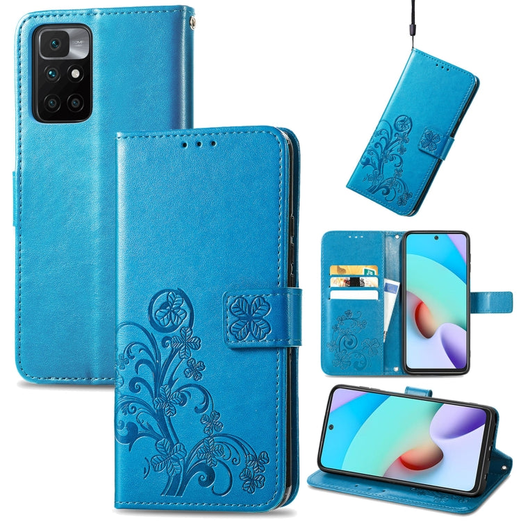 For Xiaomi Redmi 10 Four-leaf Clasp Embossed Buckle Mobile Phone Protection Leather Case with Lanyard & Card Slot & Wallet & Bracket Function