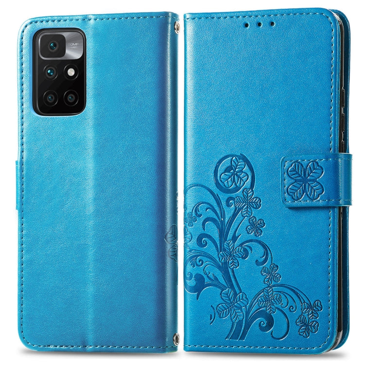 For Xiaomi Redmi 10 Four-leaf Clasp Embossed Buckle Mobile Phone Protection Leather Case with Lanyard & Card Slot & Wallet & Bracket Function