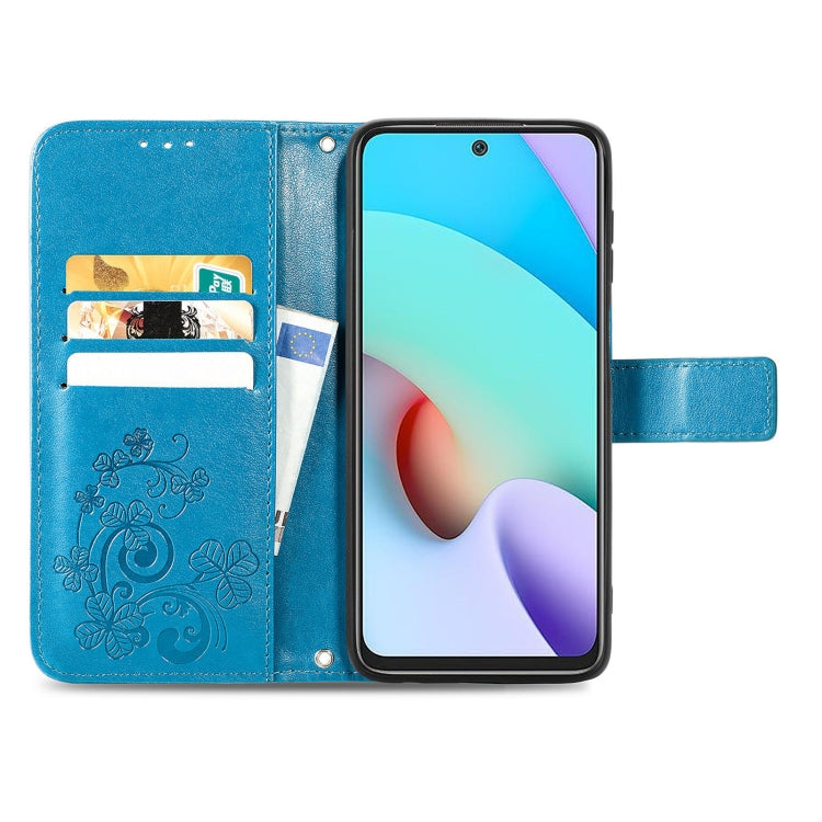 For Xiaomi Redmi 10 Four-leaf Clasp Embossed Buckle Mobile Phone Protection Leather Case with Lanyard & Card Slot & Wallet & Bracket Function