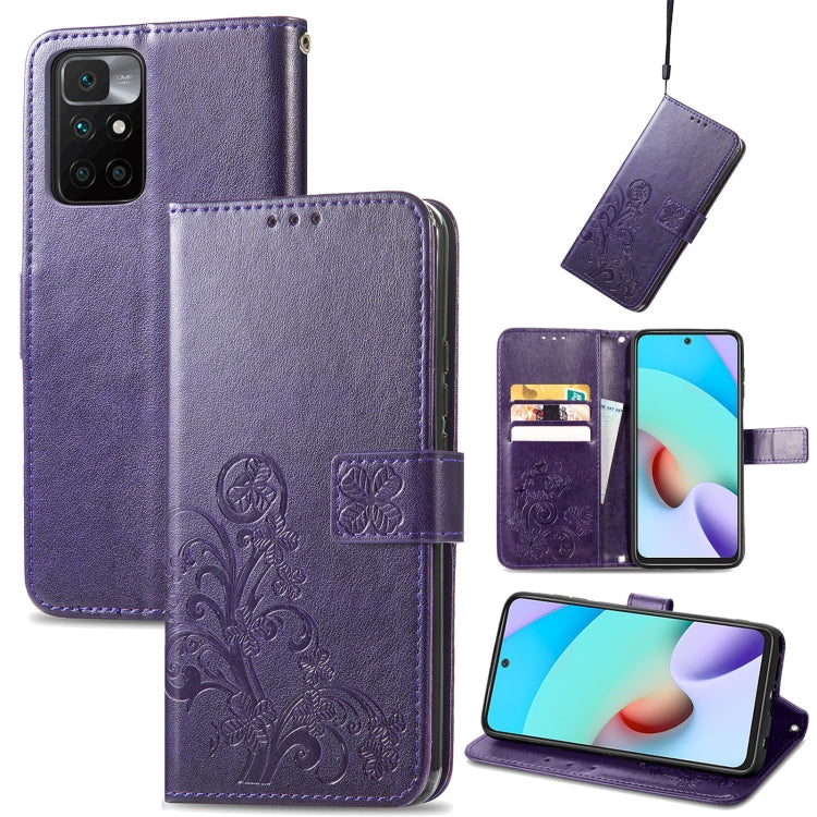 For Xiaomi Redmi 10 Four-leaf Clasp Embossed Buckle Mobile Phone Protection Leather Case with Lanyard & Card Slot & Wallet & Bracket Function