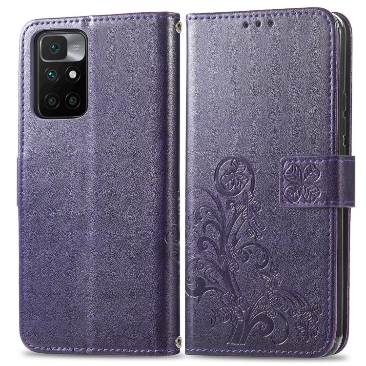 For Xiaomi Redmi 10 Four-leaf Clasp Embossed Buckle Mobile Phone Protection Leather Case with Lanyard & Card Slot & Wallet & Bracket Function