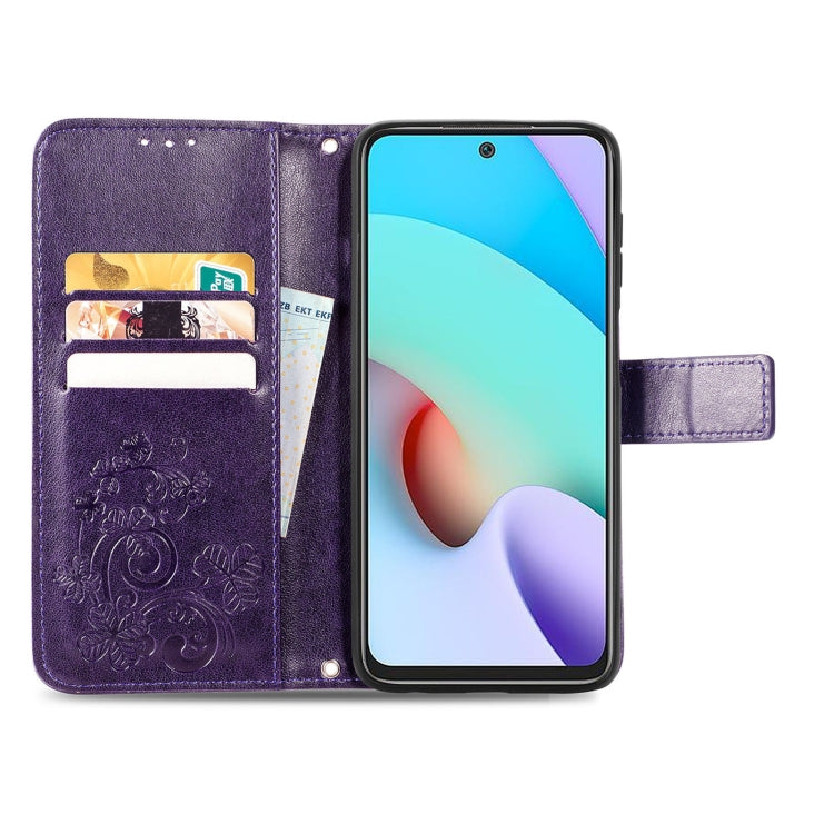 For Xiaomi Redmi 10 Four-leaf Clasp Embossed Buckle Mobile Phone Protection Leather Case with Lanyard & Card Slot & Wallet & Bracket Function