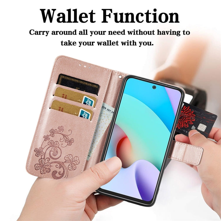 For Xiaomi Redmi 10 Four-leaf Clasp Embossed Buckle Mobile Phone Protection Leather Case with Lanyard & Card Slot & Wallet & Bracket Function