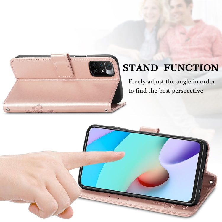 For Xiaomi Redmi 10 Four-leaf Clasp Embossed Buckle Mobile Phone Protection Leather Case with Lanyard & Card Slot & Wallet & Bracket Function