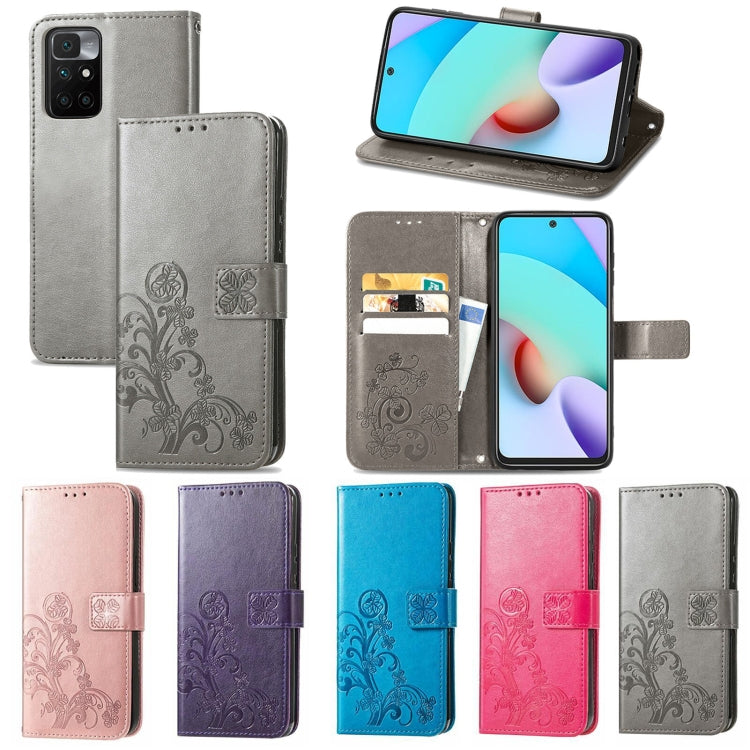 For Xiaomi Redmi 10 Four-leaf Clasp Embossed Buckle Mobile Phone Protection Leather Case with Lanyard & Card Slot & Wallet & Bracket Function