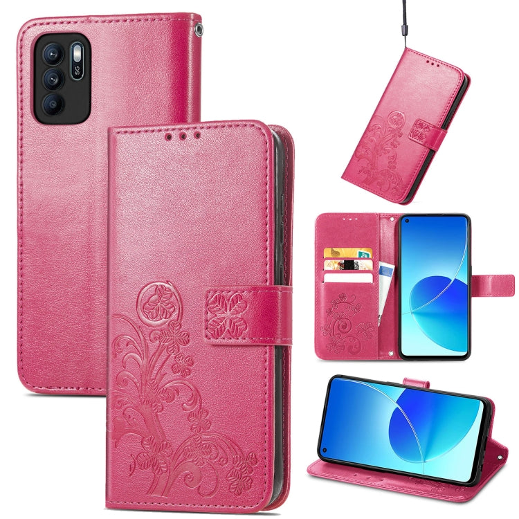 For OPPO Reno6 Z Four-leaf Clasp Embossed Buckle Mobile Phone Protection Leather Case with Lanyard & Card Slot & Wallet & Bracket Function