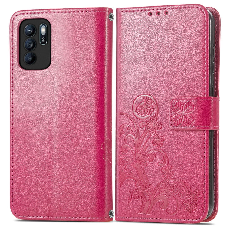 For OPPO Reno6 Z Four-leaf Clasp Embossed Buckle Mobile Phone Protection Leather Case with Lanyard & Card Slot & Wallet & Bracket Function