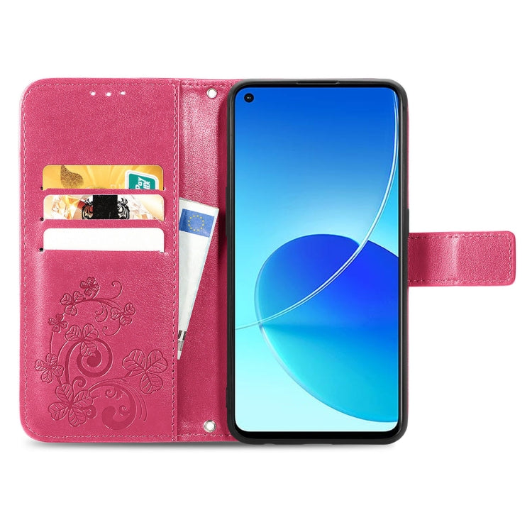 For OPPO Reno6 Z Four-leaf Clasp Embossed Buckle Mobile Phone Protection Leather Case with Lanyard & Card Slot & Wallet & Bracket Function