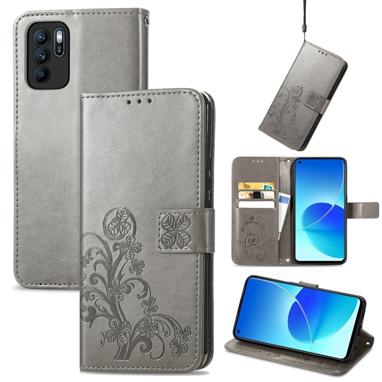 For OPPO Reno6 Z Four-leaf Clasp Embossed Buckle Mobile Phone Protection Leather Case with Lanyard & Card Slot & Wallet & Bracket Function