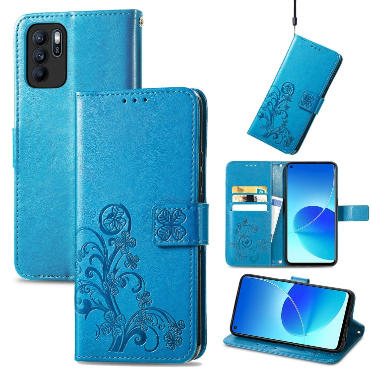 For OPPO Reno6 Z Four-leaf Clasp Embossed Buckle Mobile Phone Protection Leather Case with Lanyard & Card Slot & Wallet & Bracket Function