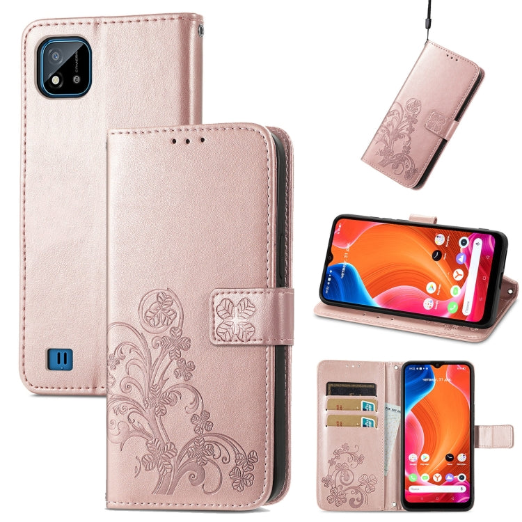 For OPPO Realme C20 Four-leaf Clasp Embossed Buckle Mobile Phone Protection Leather Case with Lanyard & Card Slot & Wallet & Bracket Function