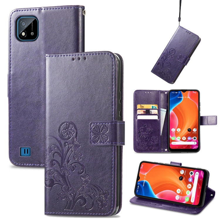 For OPPO Realme C20 Four-leaf Clasp Embossed Buckle Mobile Phone Protection Leather Case with Lanyard & Card Slot & Wallet & Bracket Function