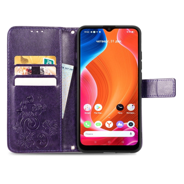 For OPPO Realme C20 Four-leaf Clasp Embossed Buckle Mobile Phone Protection Leather Case with Lanyard & Card Slot & Wallet & Bracket Function
