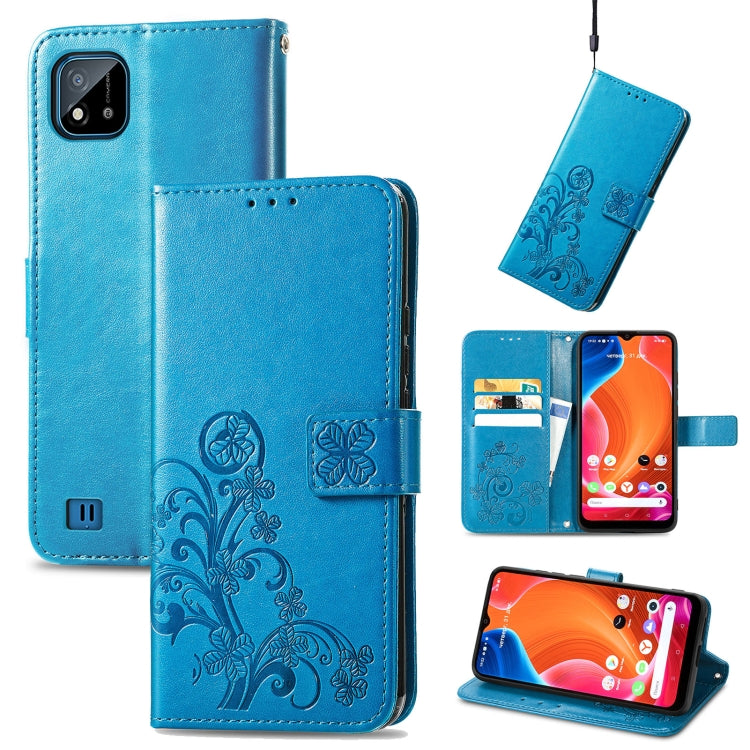 For OPPO Realme C20 Four-leaf Clasp Embossed Buckle Mobile Phone Protection Leather Case with Lanyard & Card Slot & Wallet & Bracket Function