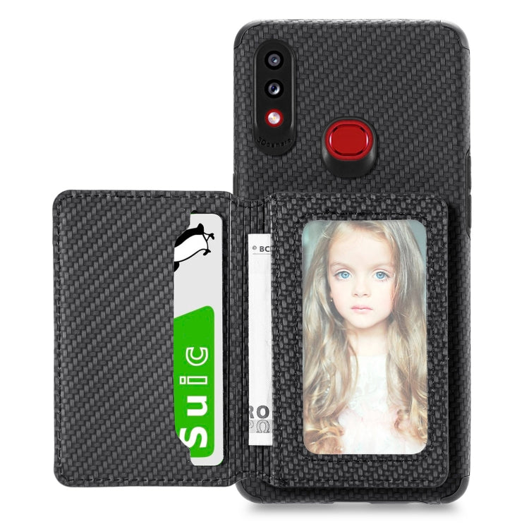 For Samsung Galaxy A10S Carbon Fiber Magnetic Card Bag TPU+PU Shockproof Back Cover Case with Holder & Card Slot & Photo Frame