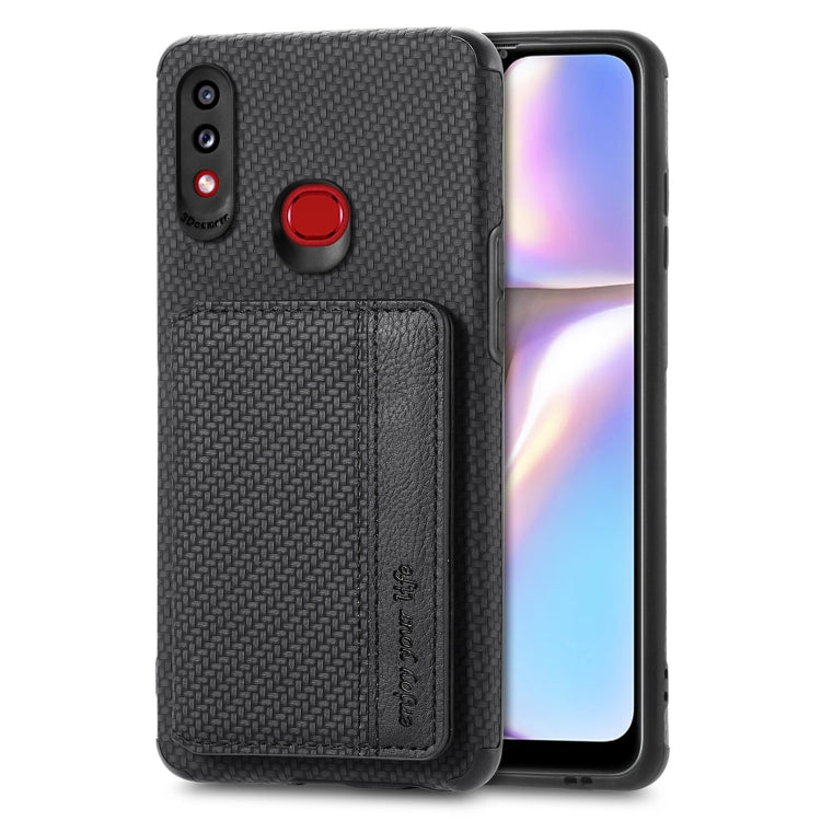 For Samsung Galaxy A10S Carbon Fiber Magnetic Card Bag TPU+PU Shockproof Back Cover Case with Holder & Card Slot & Photo Frame