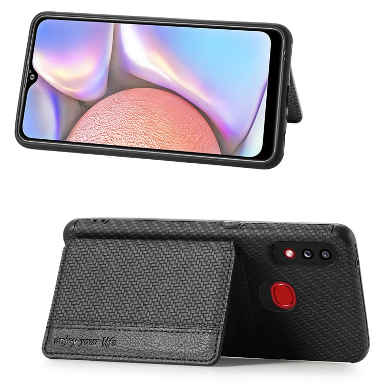 For Samsung Galaxy A10S Carbon Fiber Magnetic Card Bag TPU+PU Shockproof Back Cover Case with Holder & Card Slot & Photo Frame