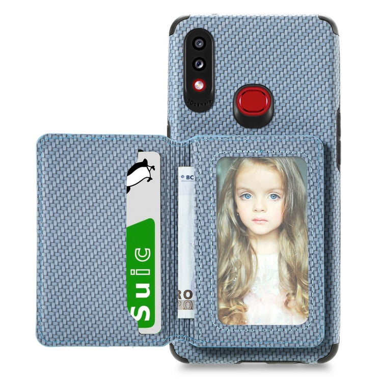 For Samsung Galaxy A10S Carbon Fiber Magnetic Card Bag TPU+PU Shockproof Back Cover Case with Holder & Card Slot & Photo Frame