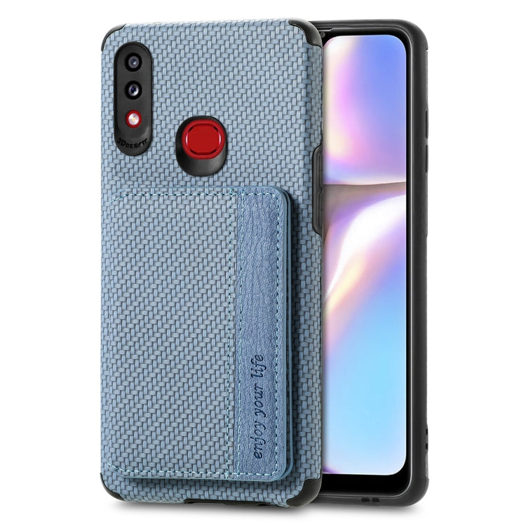 For Samsung Galaxy A10S Carbon Fiber Magnetic Card Bag TPU+PU Shockproof Back Cover Case with Holder & Card Slot & Photo Frame