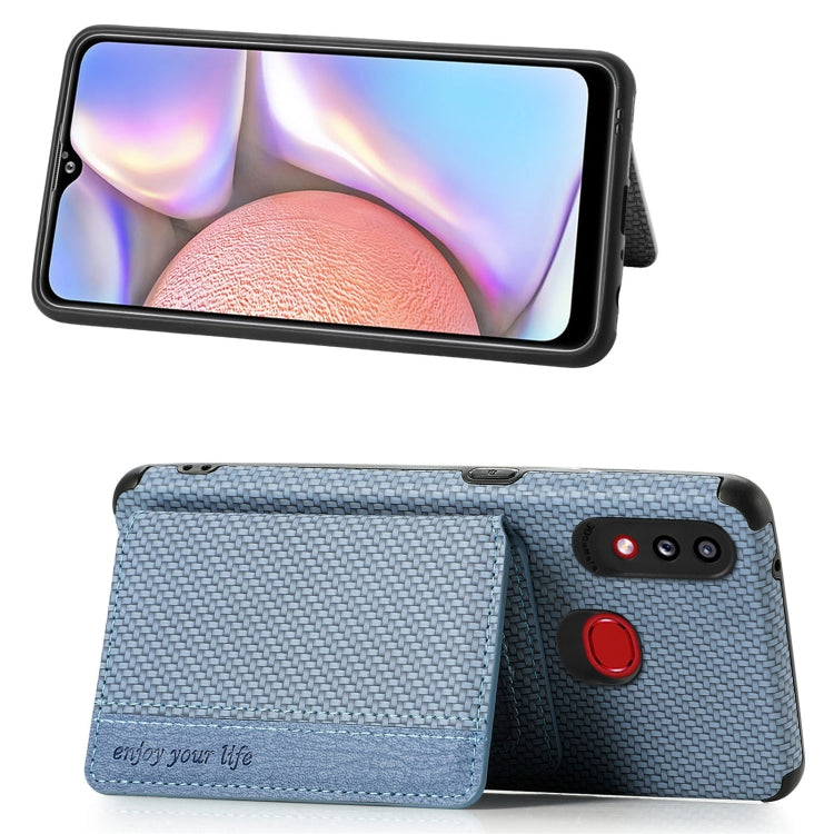 For Samsung Galaxy A10S Carbon Fiber Magnetic Card Bag TPU+PU Shockproof Back Cover Case with Holder & Card Slot & Photo Frame