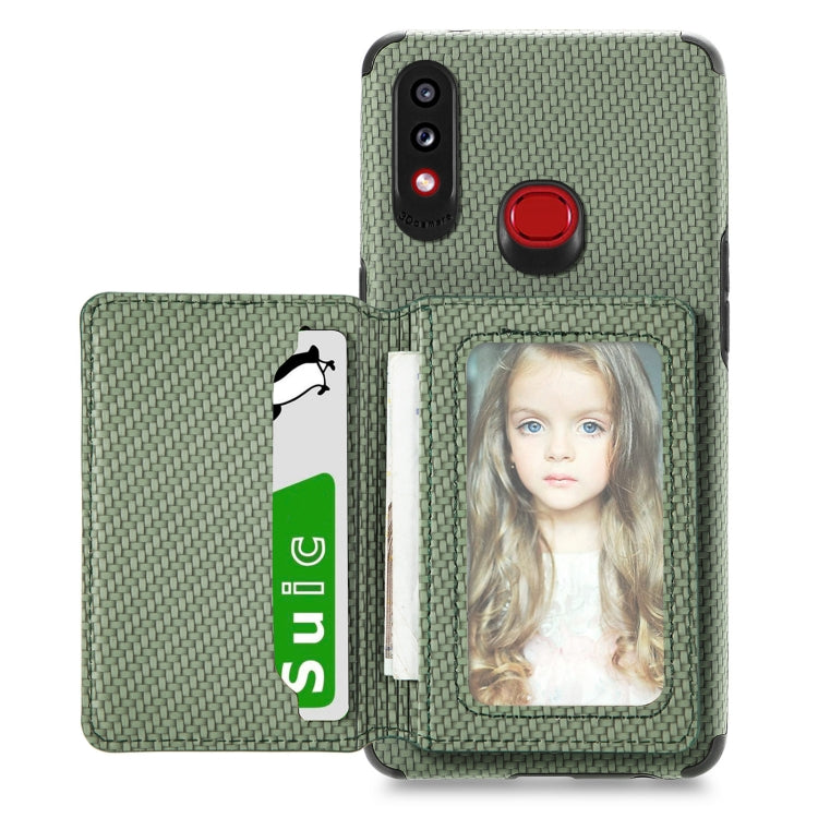 For Samsung Galaxy A10S Carbon Fiber Magnetic Card Bag TPU+PU Shockproof Back Cover Case with Holder & Card Slot & Photo Frame