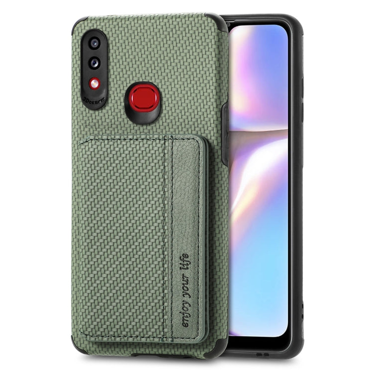 For Samsung Galaxy A10S Carbon Fiber Magnetic Card Bag TPU+PU Shockproof Back Cover Case with Holder & Card Slot & Photo Frame