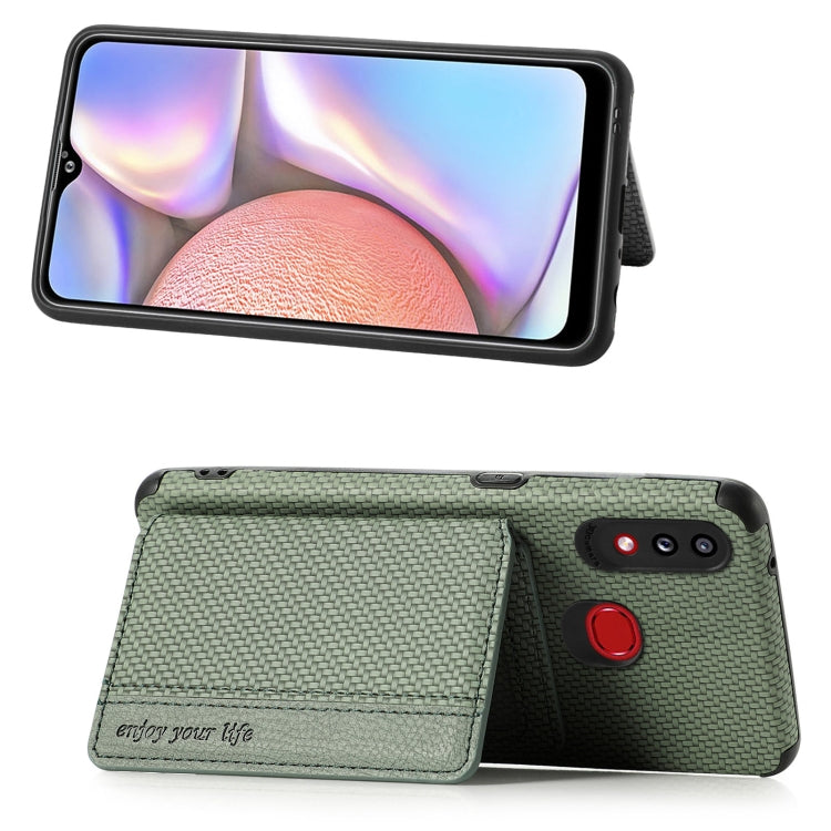 For Samsung Galaxy A10S Carbon Fiber Magnetic Card Bag TPU+PU Shockproof Back Cover Case with Holder & Card Slot & Photo Frame