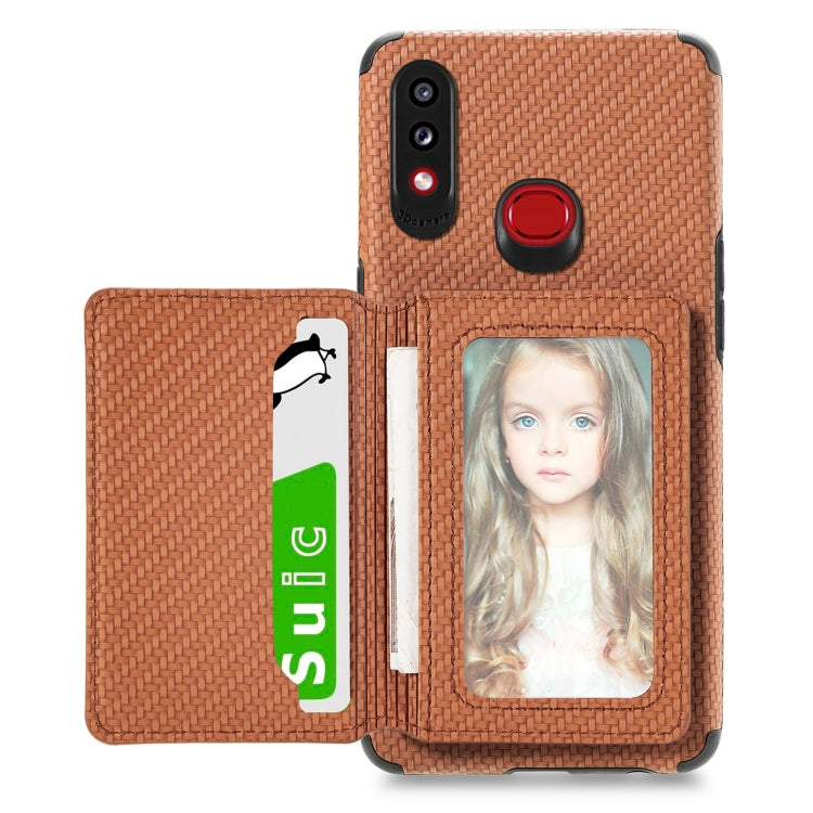 For Samsung Galaxy A10S Carbon Fiber Magnetic Card Bag TPU+PU Shockproof Back Cover Case with Holder & Card Slot & Photo Frame