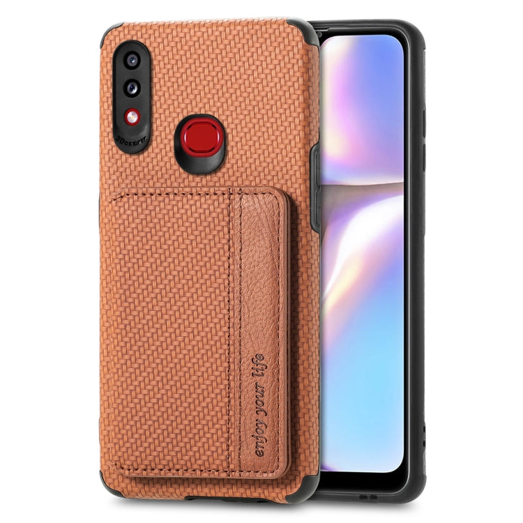 For Samsung Galaxy A10S Carbon Fiber Magnetic Card Bag TPU+PU Shockproof Back Cover Case with Holder & Card Slot & Photo Frame