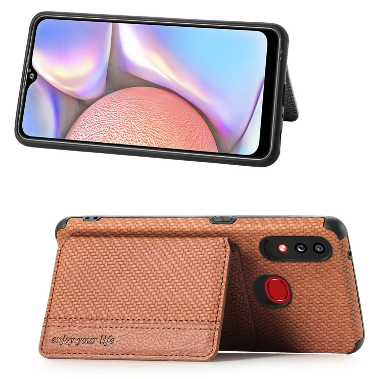 For Samsung Galaxy A10S Carbon Fiber Magnetic Card Bag TPU+PU Shockproof Back Cover Case with Holder & Card Slot & Photo Frame
