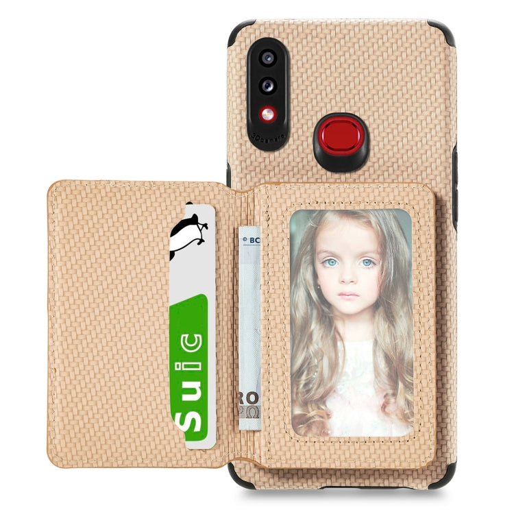 For Samsung Galaxy A10S Carbon Fiber Magnetic Card Bag TPU+PU Shockproof Back Cover Case with Holder & Card Slot & Photo Frame