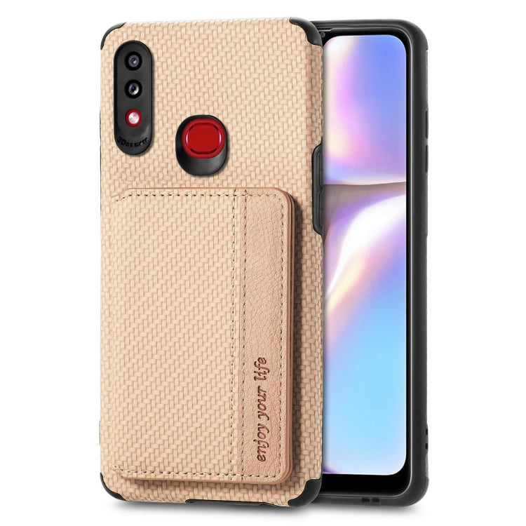 For Samsung Galaxy A10S Carbon Fiber Magnetic Card Bag TPU+PU Shockproof Back Cover Case with Holder & Card Slot & Photo Frame
