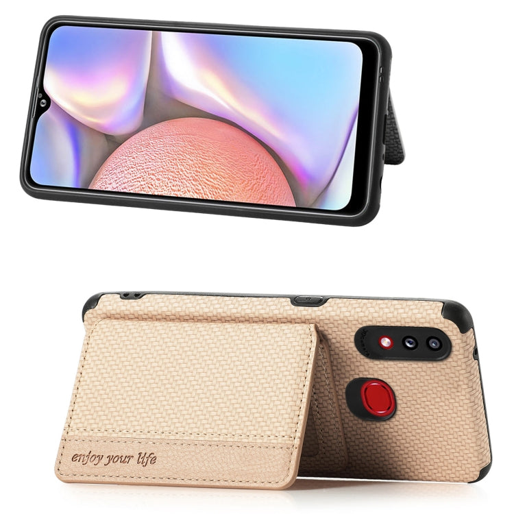 For Samsung Galaxy A10S Carbon Fiber Magnetic Card Bag TPU+PU Shockproof Back Cover Case with Holder & Card Slot & Photo Frame