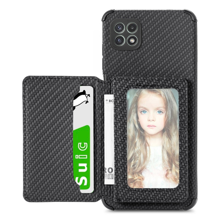 For Samsung Galaxy A22 5G Carbon Fiber Magnetic Card Bag TPU+PU Shockproof Back Cover Case with Holder & Card Slot & Photo Frame
